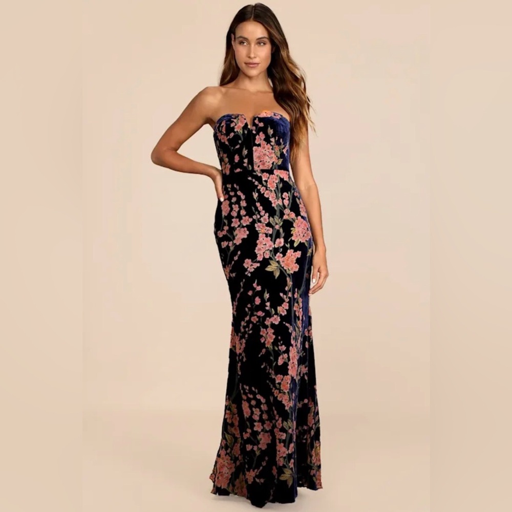 Bloom In Mind Navy Blue Floral Print Velvet Strapless Maxi Dress (Size 10/12)